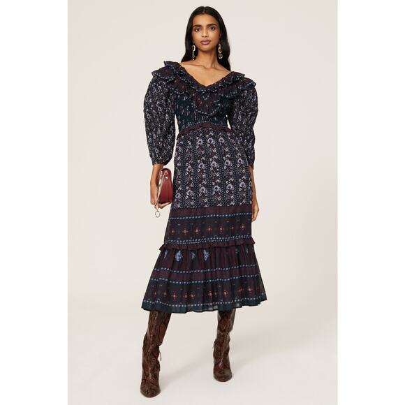 Sea Nadine Navy Blue Border Print Puff Sleeve Ruffled V-Neck Maxi Dress Size 14 - Picture 1 of 16